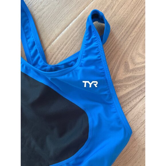 TYR Womens One-Piece Swimsuit Black & Blue Size 38 Open Back Racerback TYReco™ W - Picture 2 of 4